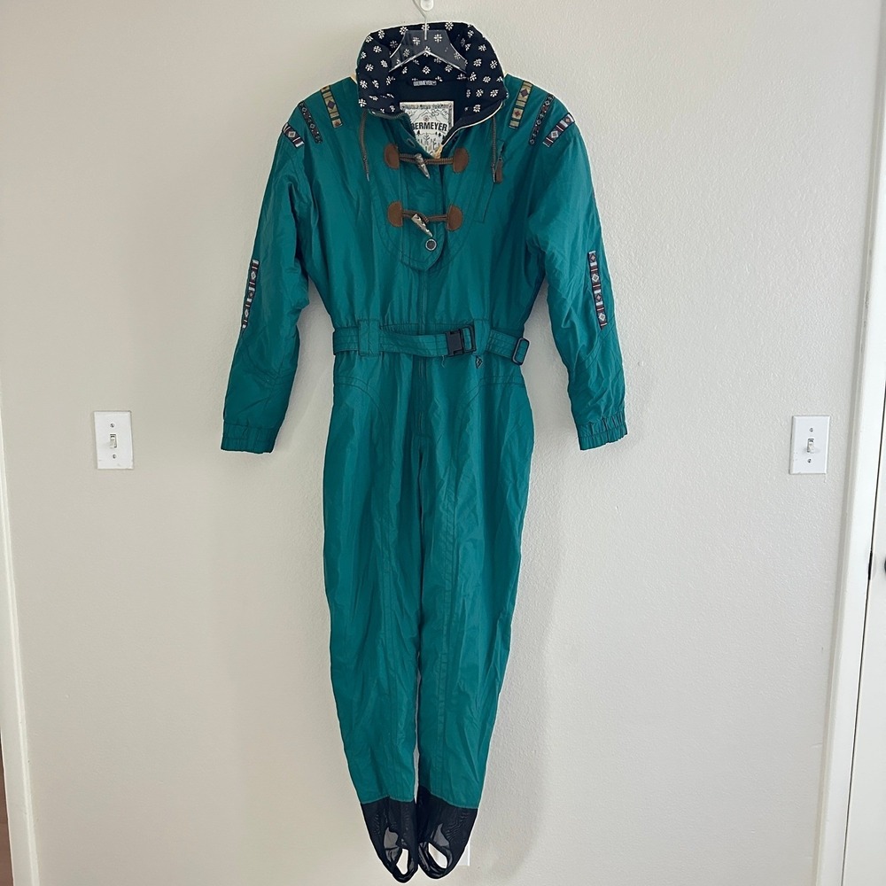 Vtg Obermeyer Ski Suit Women 10 Teal Green 80s 90 Retro Hooded Stirrup Insulated